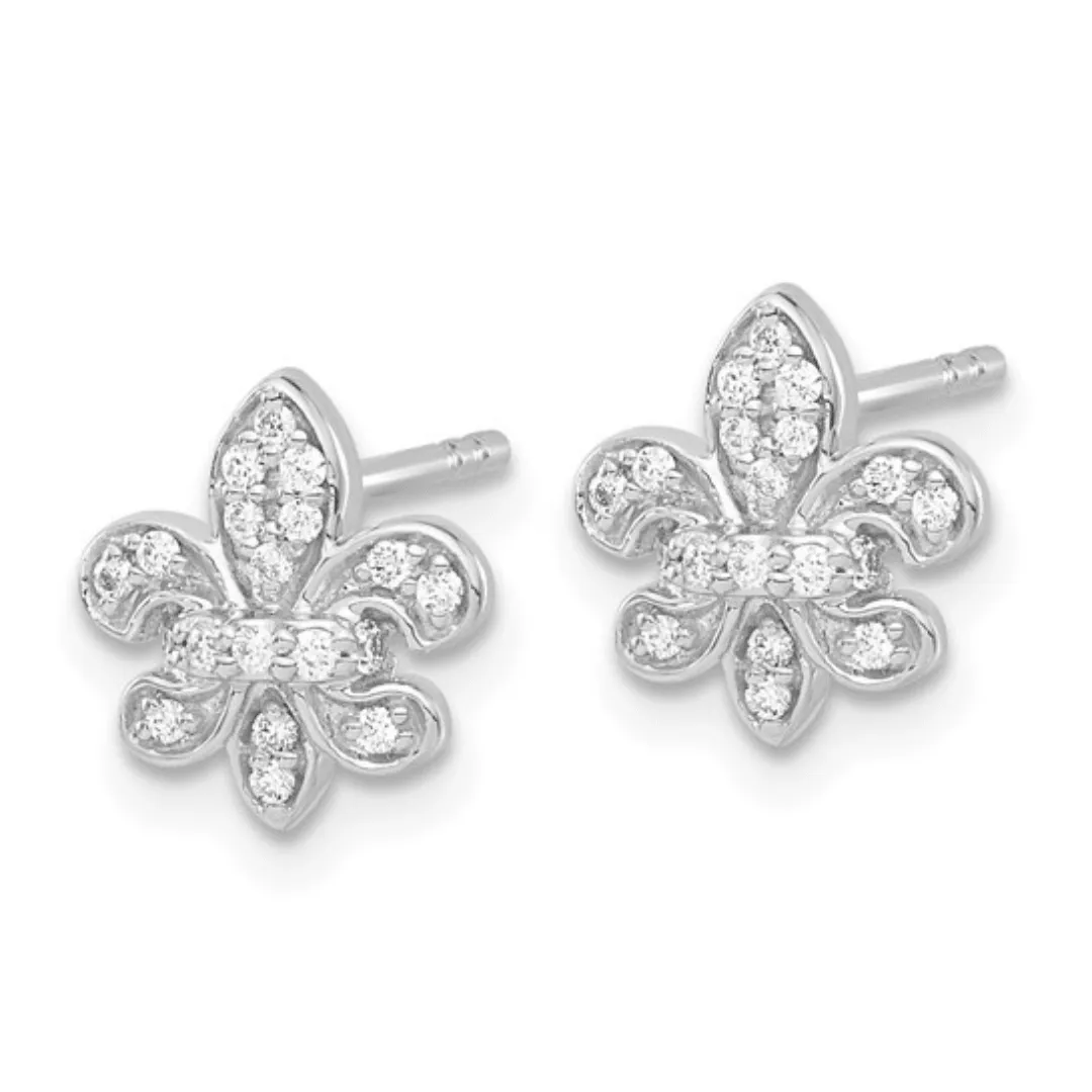 14K White Gold Lab Diamond Fleur de Lis Post Earrings