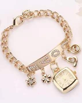 1pc Floral Love Letter Pattern Tassel Design Bangle Quartz Watch