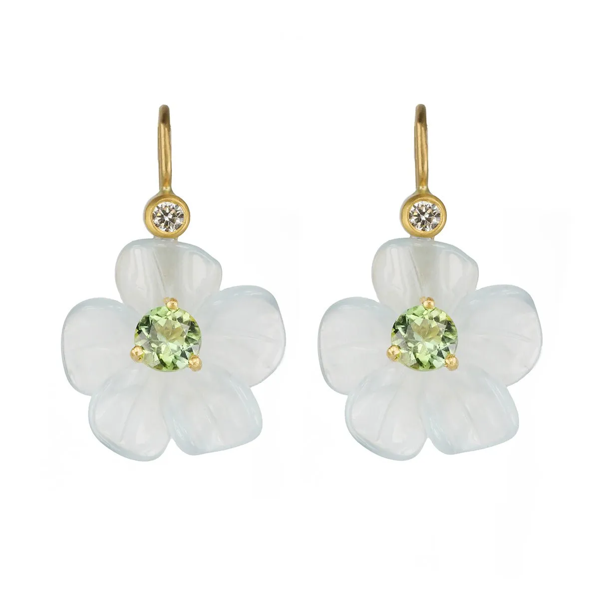 22K Gold Wire Carved Aquamarine Flower Earrings with Green Tourmaline Center