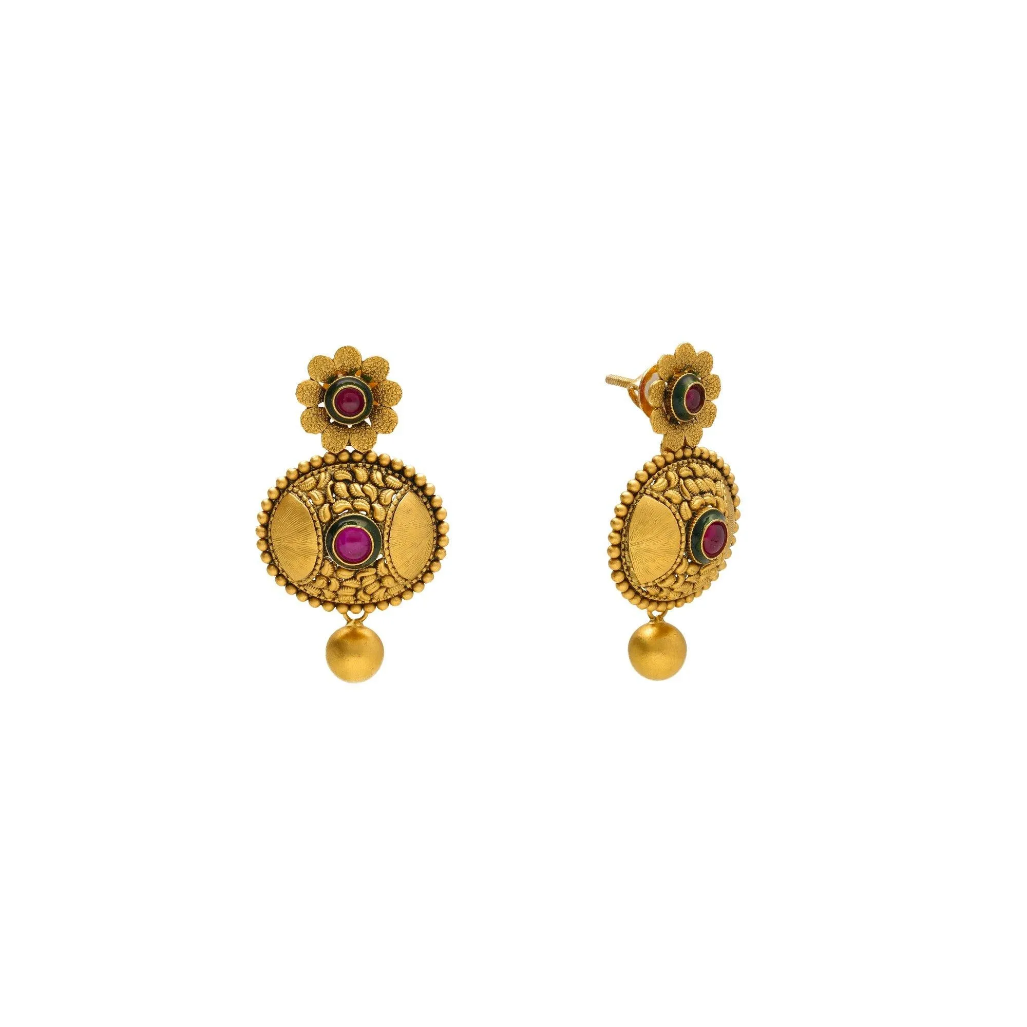 22K Yellow Gold Antique Necklace and Earrings Set W/ Ruby