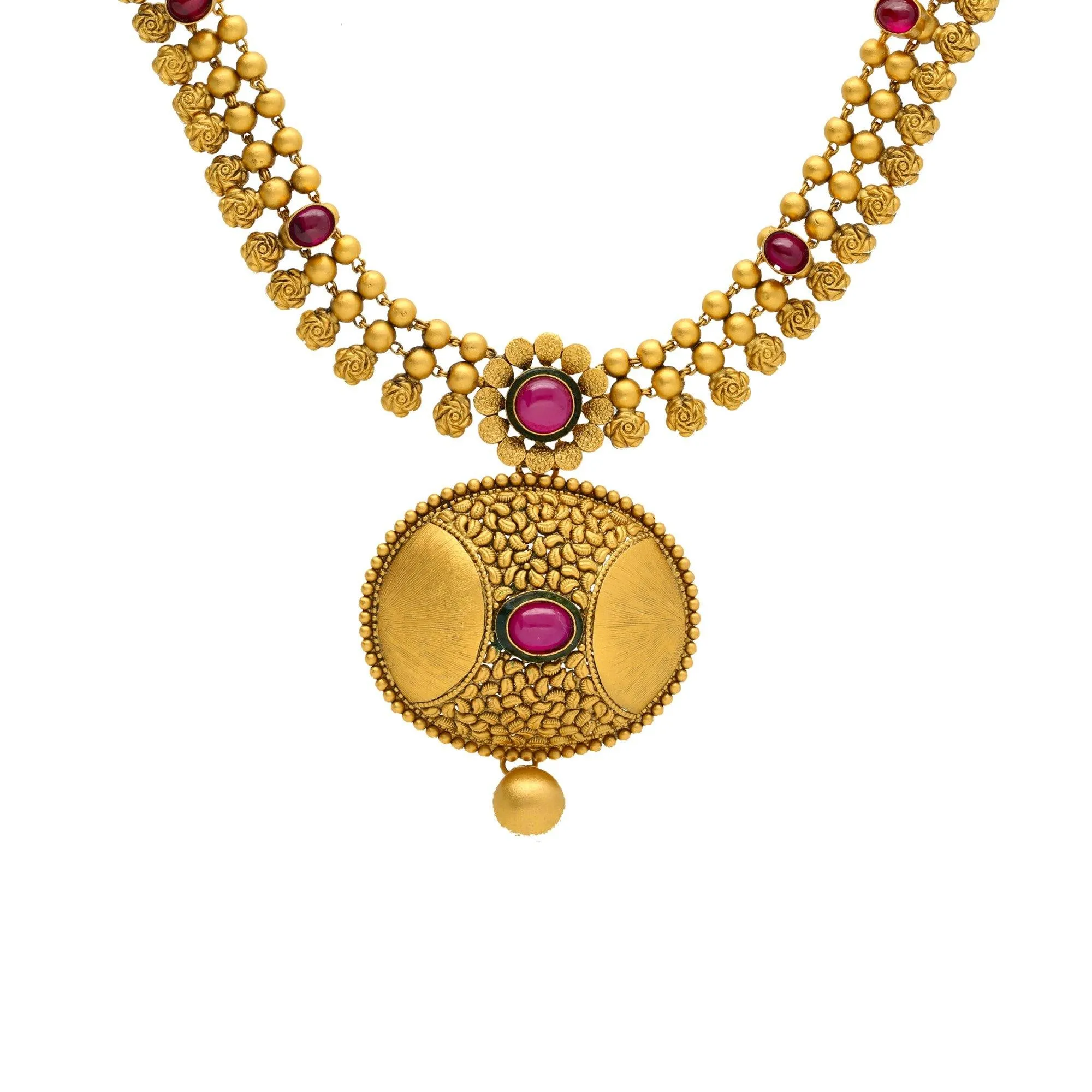 22K Yellow Gold Antique Necklace and Earrings Set W/ Ruby