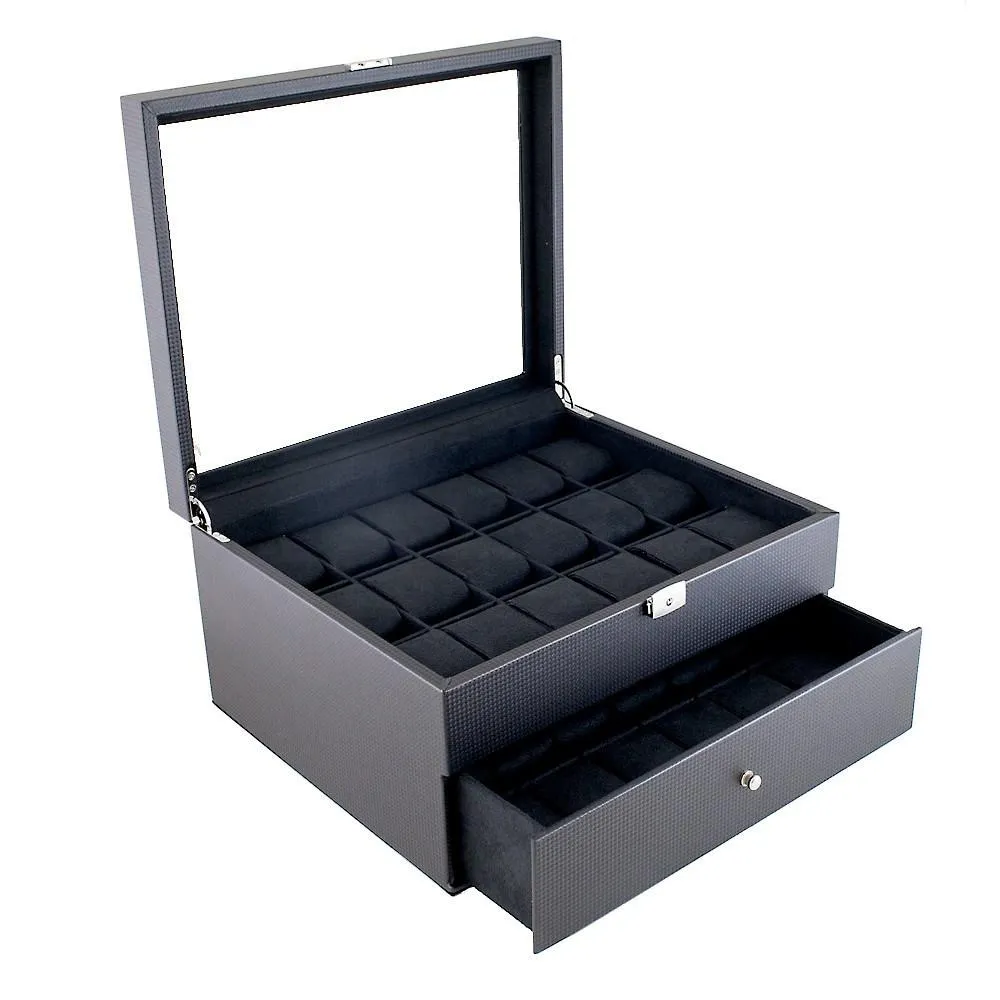 (36) Carbon Fiber Pattern Leather Watch Box with Glass Top