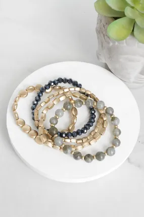 5 piece Boho Bracelet Stack Gray Black and worn gold tone