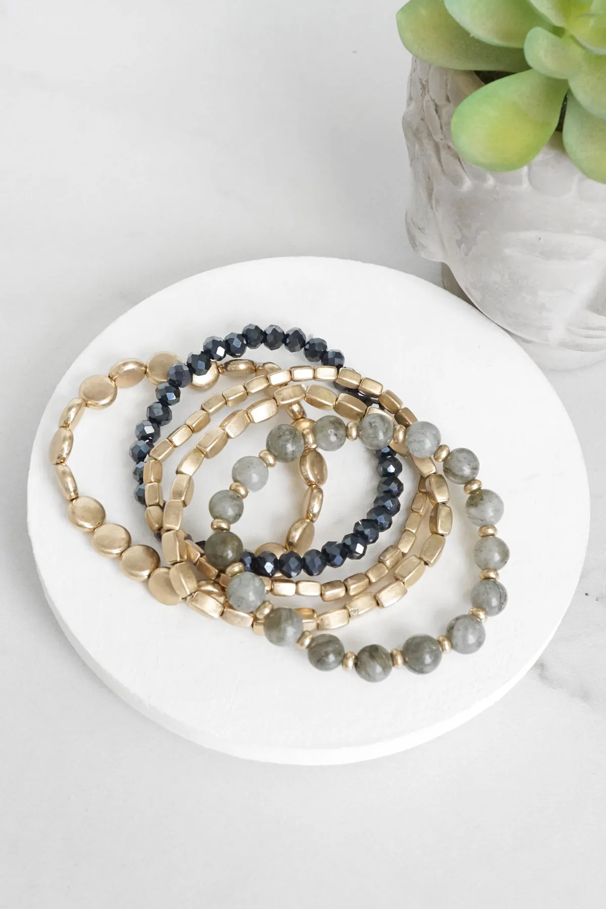 5 piece Boho Bracelet Stack Gray Black and worn gold tone