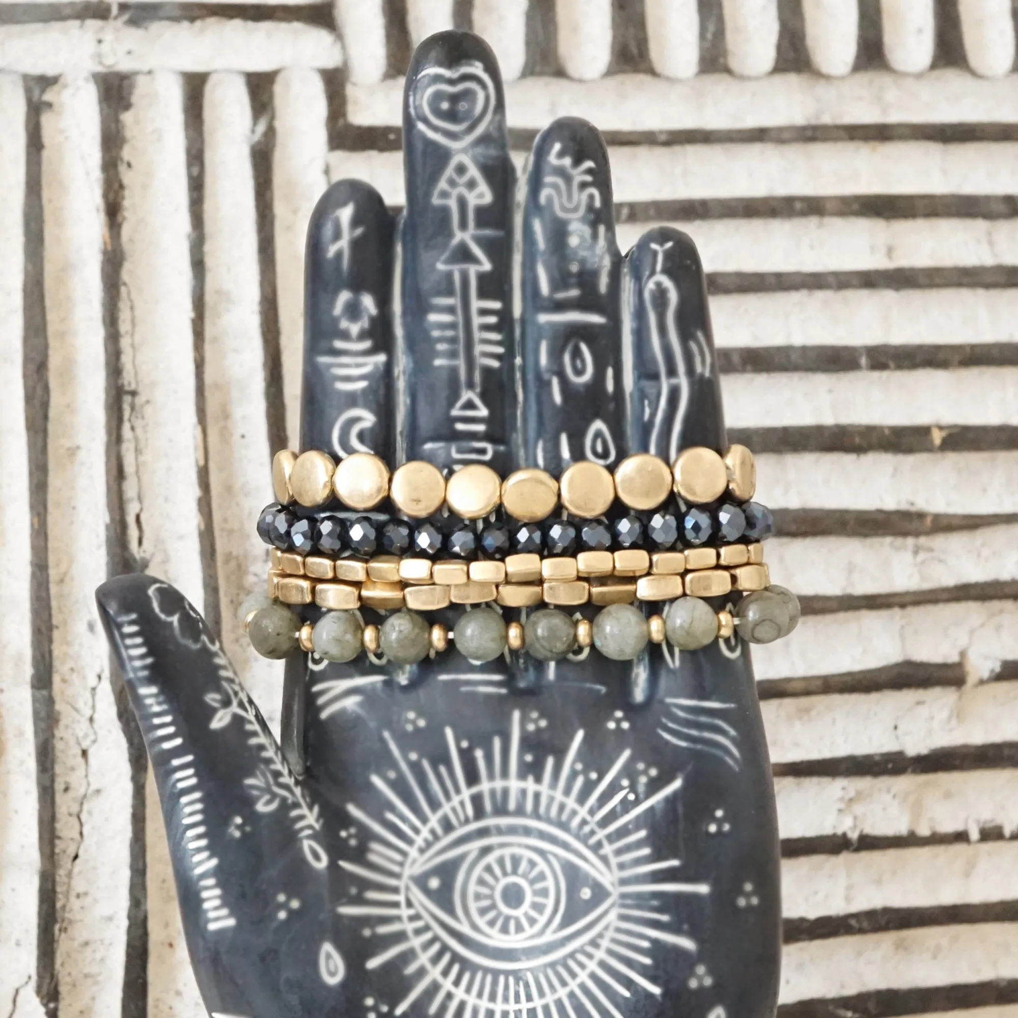 5 piece Boho Bracelet Stack Gray Black and worn gold tone