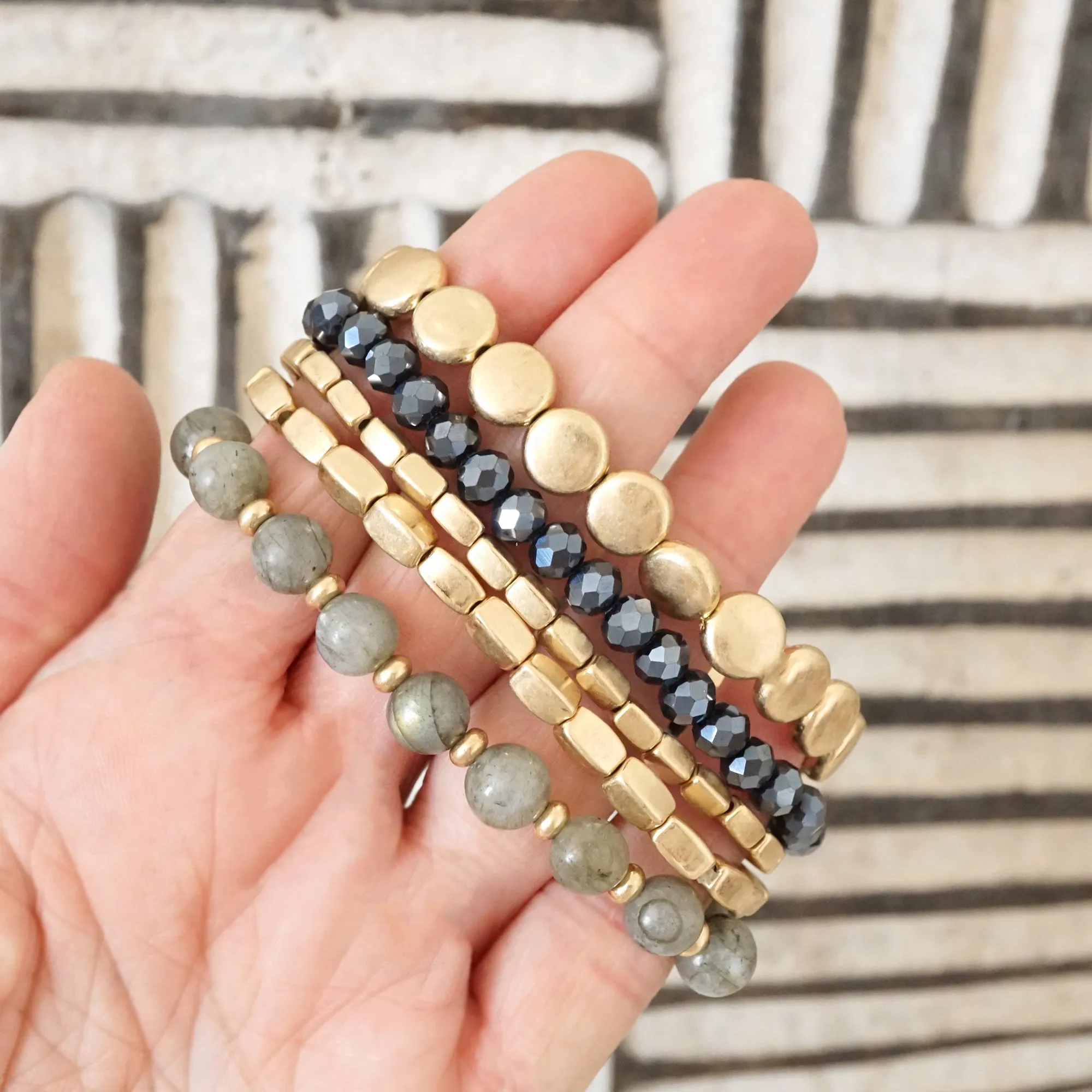 5 piece Boho Bracelet Stack Gray Black and worn gold tone