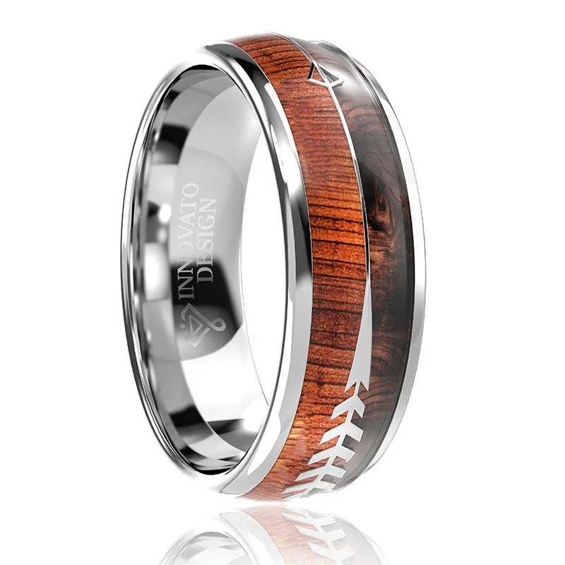 8 mm Men Real Wood Inlay Arrow Tungsten Carbide Wedding Ring Dome Style High Polished