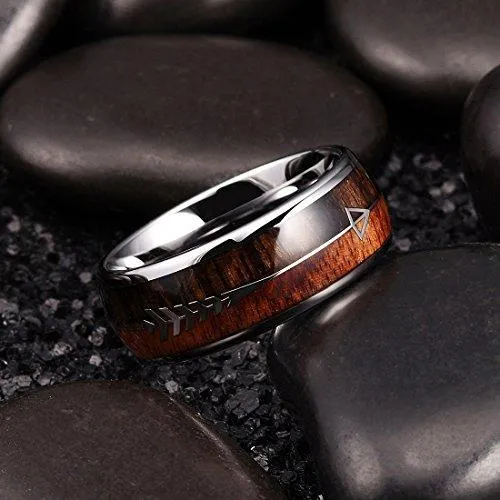 8 mm Men Real Wood Inlay Arrow Tungsten Carbide Wedding Ring Dome Style High Polished