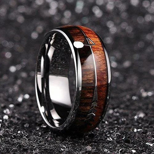 8 mm Men Real Wood Inlay Arrow Tungsten Carbide Wedding Ring Dome Style High Polished