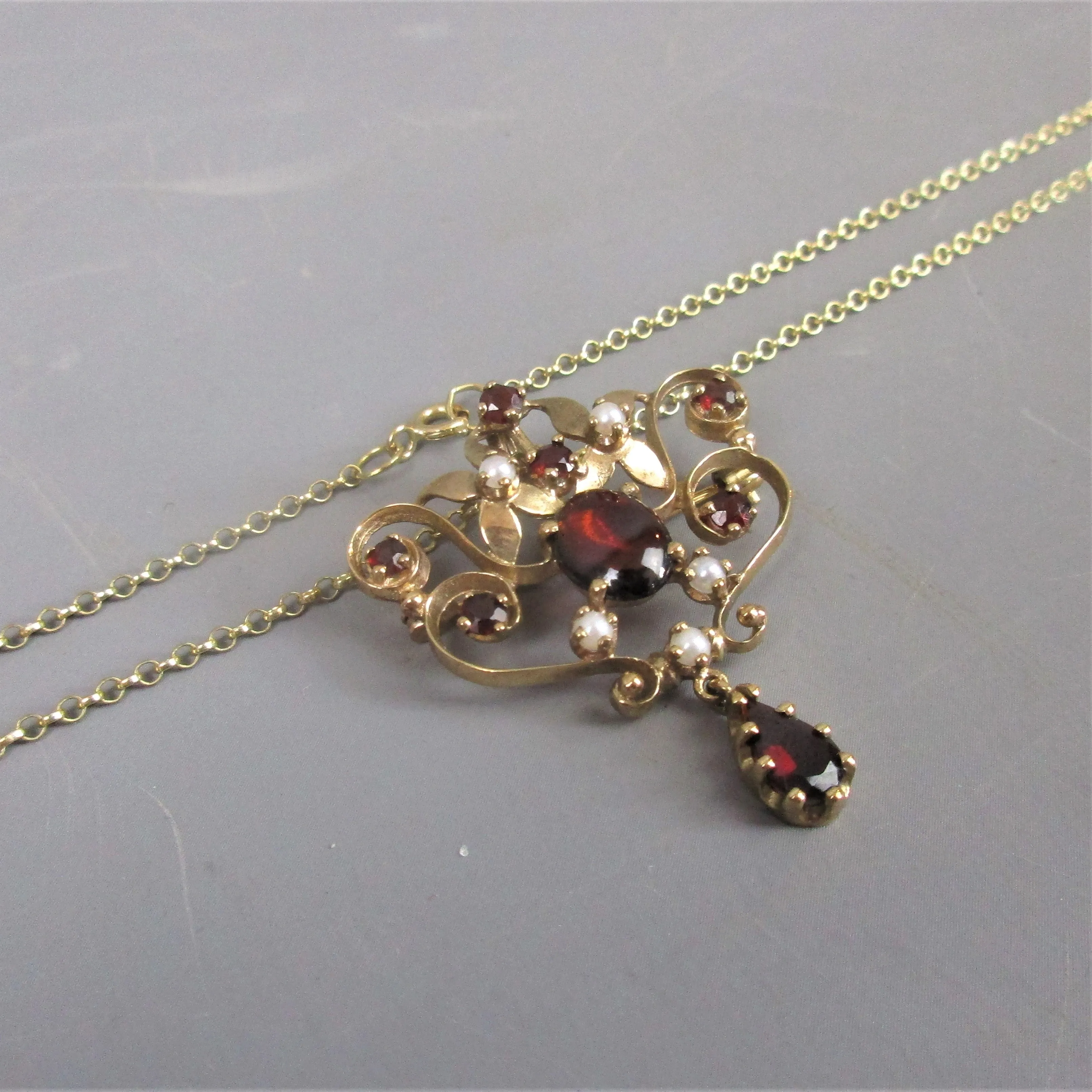 9ct Gold, Bohemian Garnet & Seed Pearl Art Nouveau Style Cocktail Necklace Vintage 1990 London