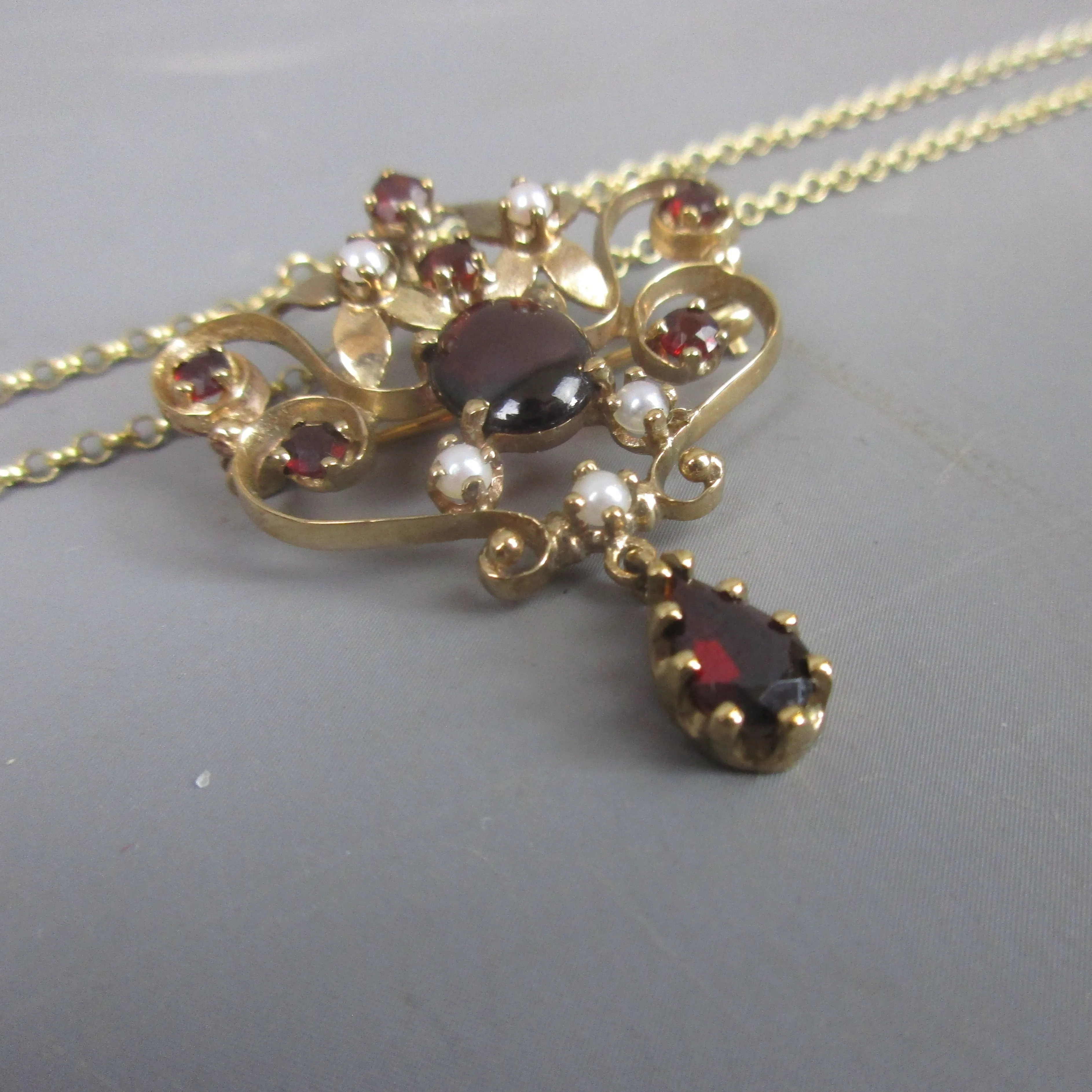 9ct Gold, Bohemian Garnet & Seed Pearl Art Nouveau Style Cocktail Necklace Vintage 1990 London