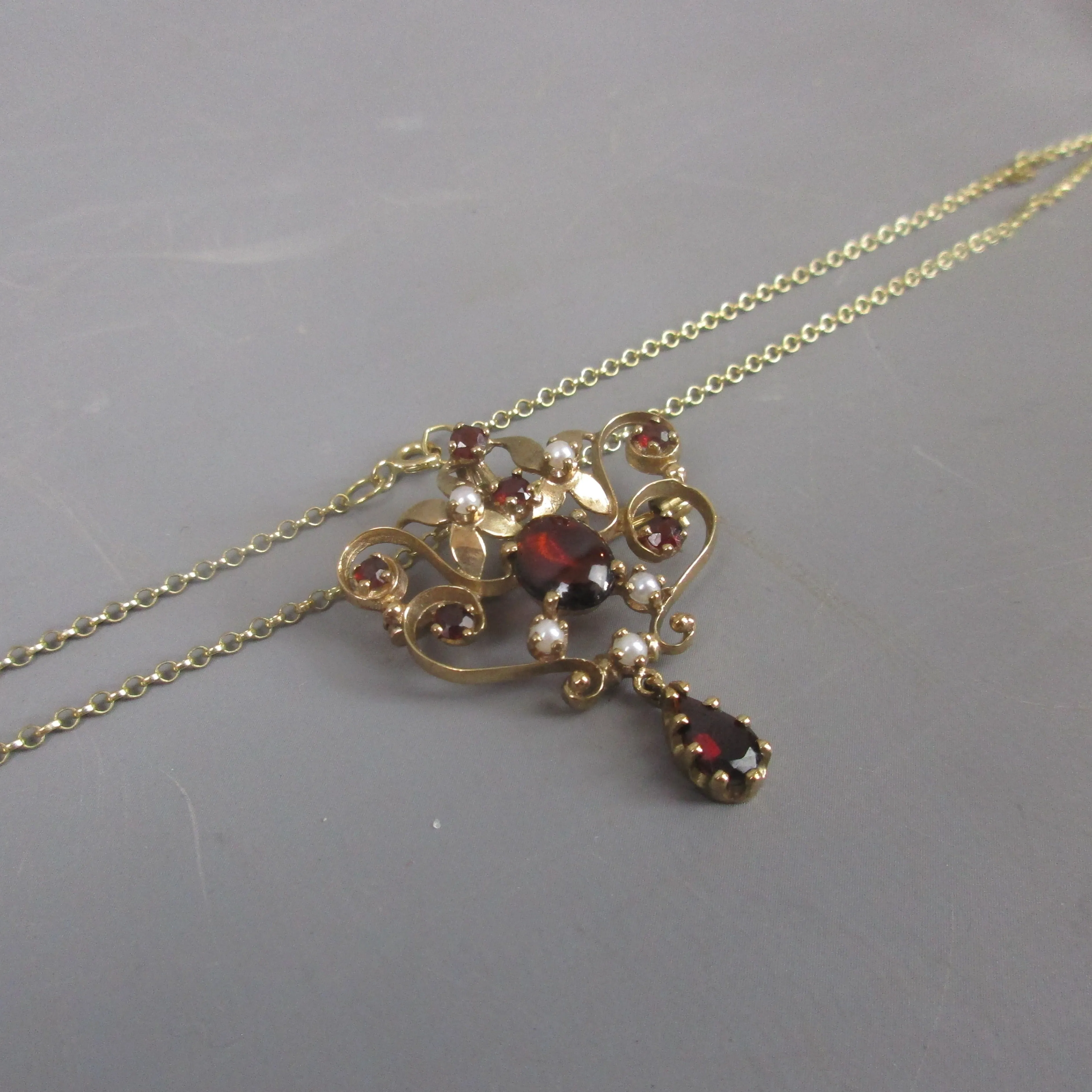 9ct Gold, Bohemian Garnet & Seed Pearl Art Nouveau Style Cocktail Necklace Vintage 1990 London