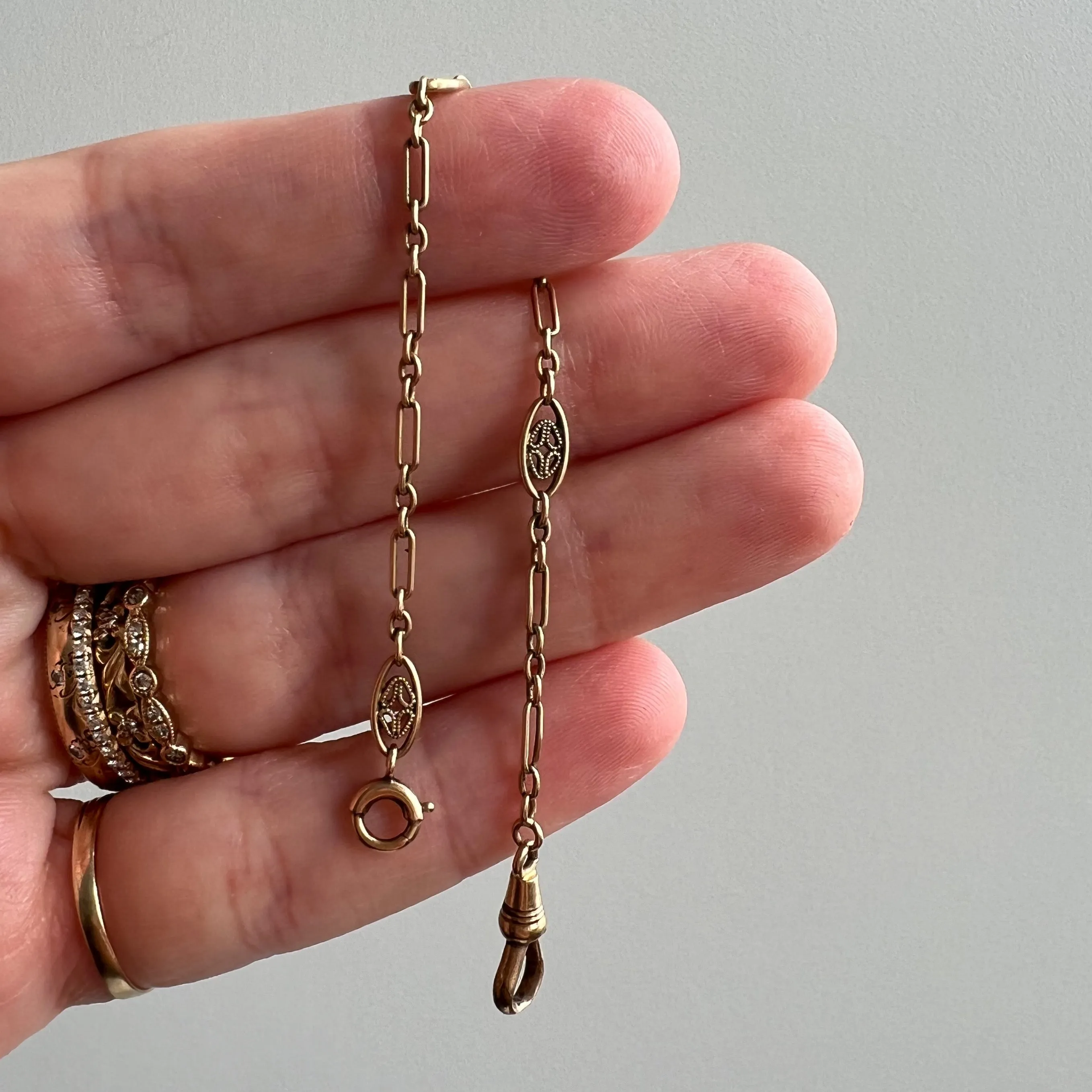 A N T I Q U E // filigree length / 14k rosy gold filigree link trombone chain extender / 5 3/8