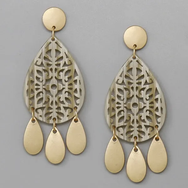 Acetate Teardrop With Metal Fringe Earrings