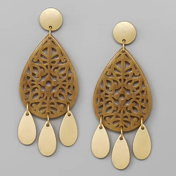 Acetate Teardrop With Metal Fringe Earrings