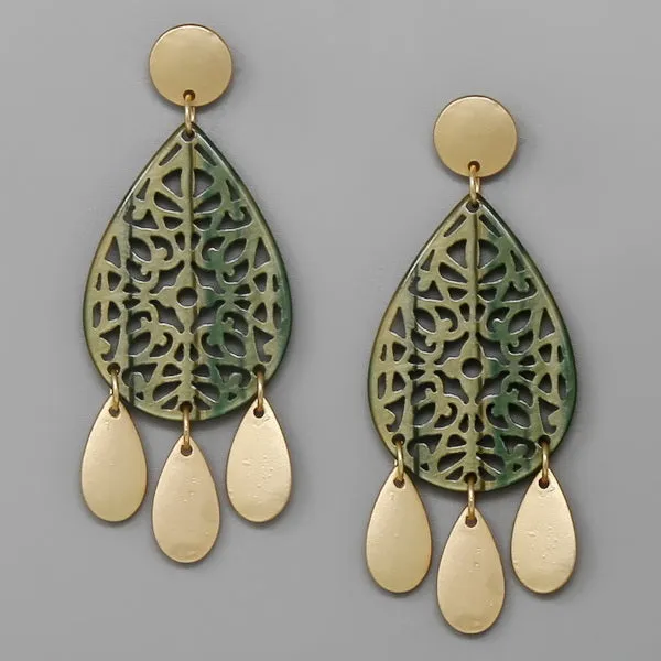 Acetate Teardrop With Metal Fringe Earrings