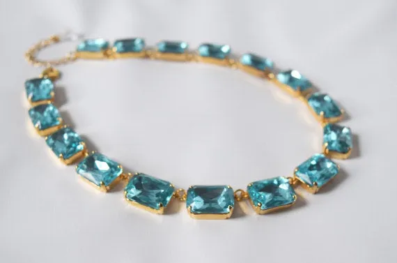 Aquamarine Crystal Collet Necklace | Large Octagon Riviere