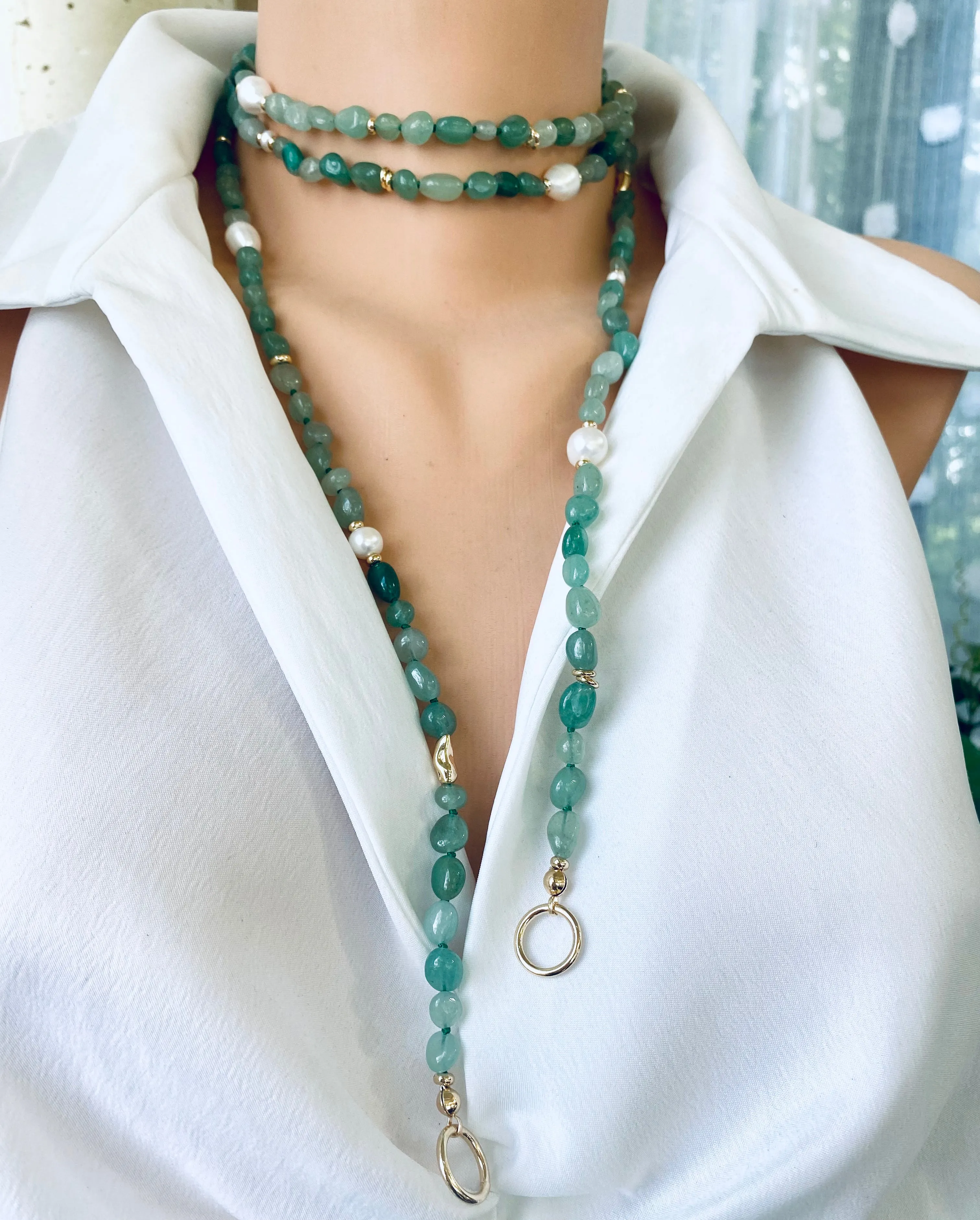 Baroque Green Aventurine & Fresh Water Pearls Necklace, 57 'inches, Gold Plated