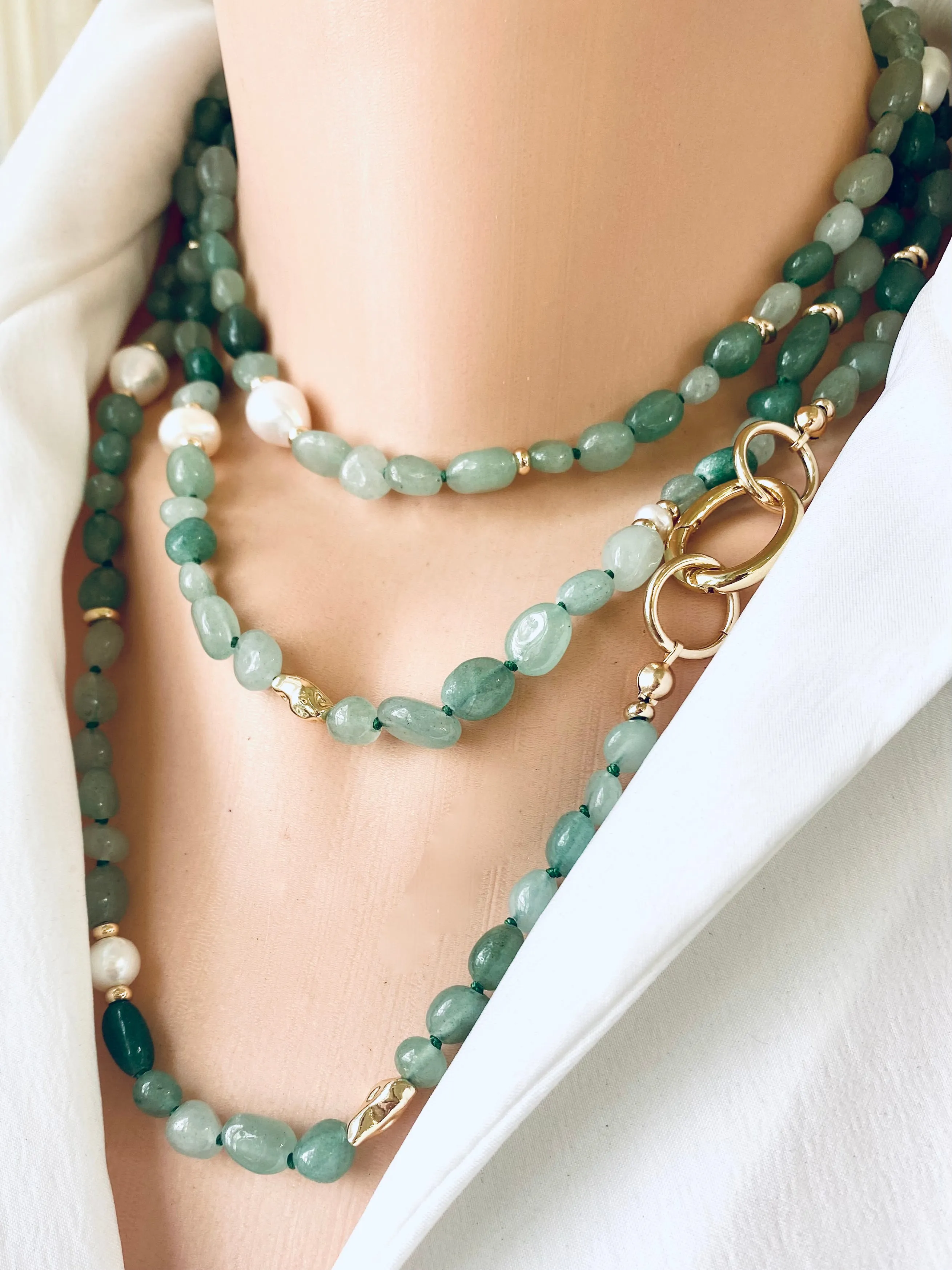 Baroque Green Aventurine & Fresh Water Pearls Necklace, 57 'inches, Gold Plated