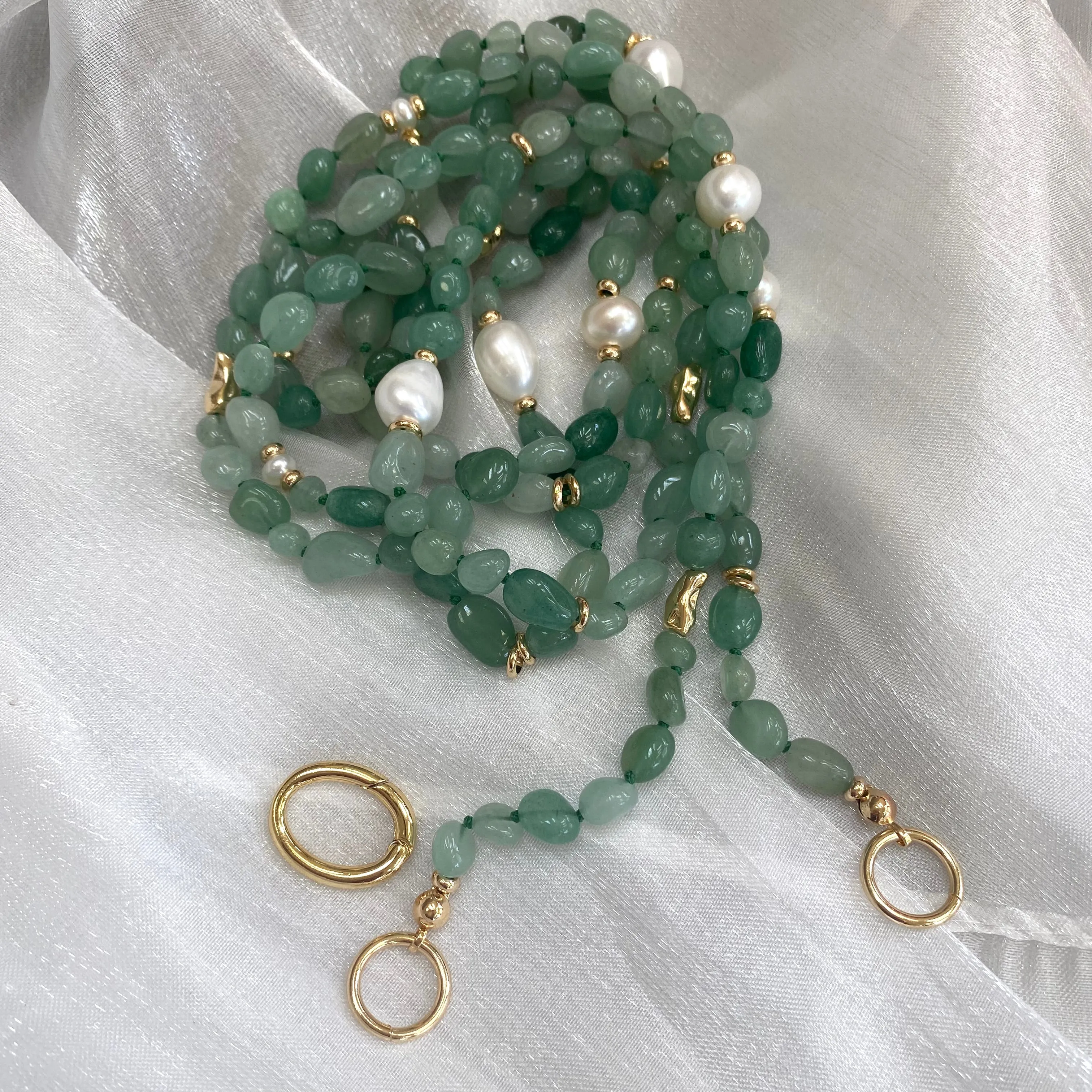 Baroque Green Aventurine & Fresh Water Pearls Necklace, 57 'inches, Gold Plated