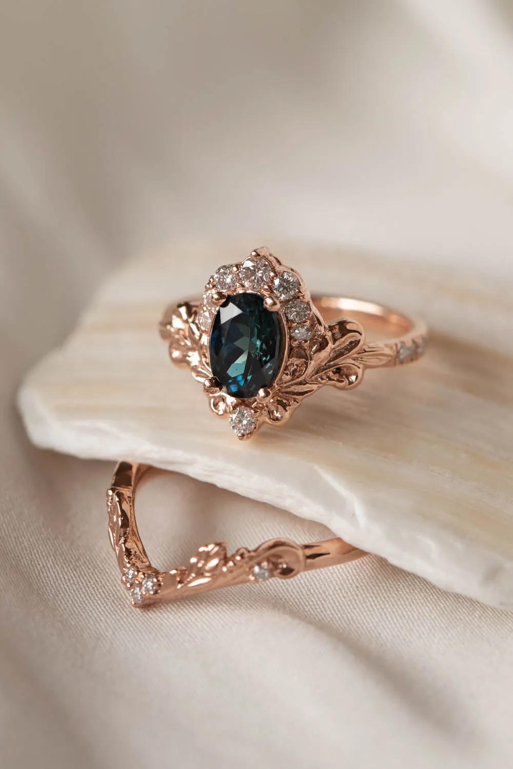 Baroque inspired engagement ring with tourmaline and diamonds, crown shape gold ring / Sophie