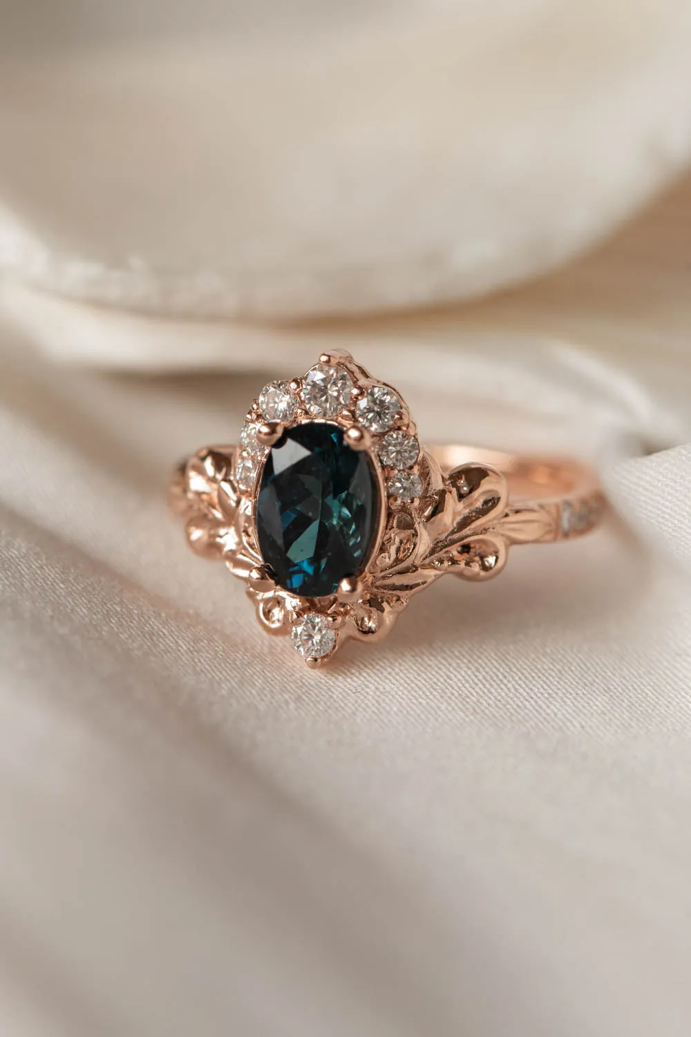 Baroque inspired engagement ring with tourmaline and diamonds, crown shape gold ring / Sophie