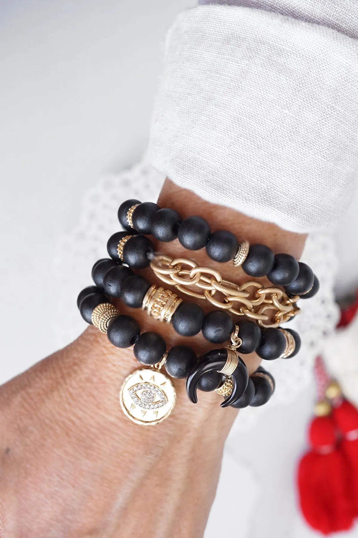 Beaded Boho Bracelets set of 4 with Gold Coin Black wooden Beads and Metal chain