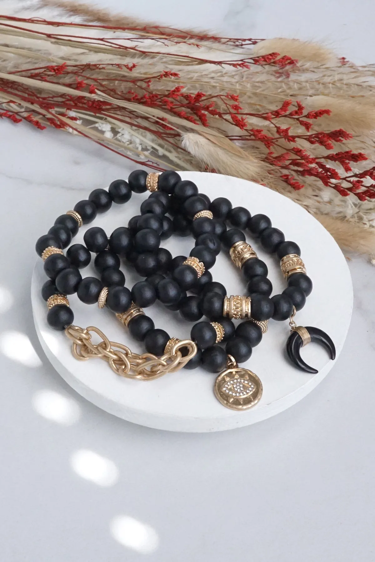 Beaded Boho Bracelets set of 4 with Gold Coin Black wooden Beads and Metal chain