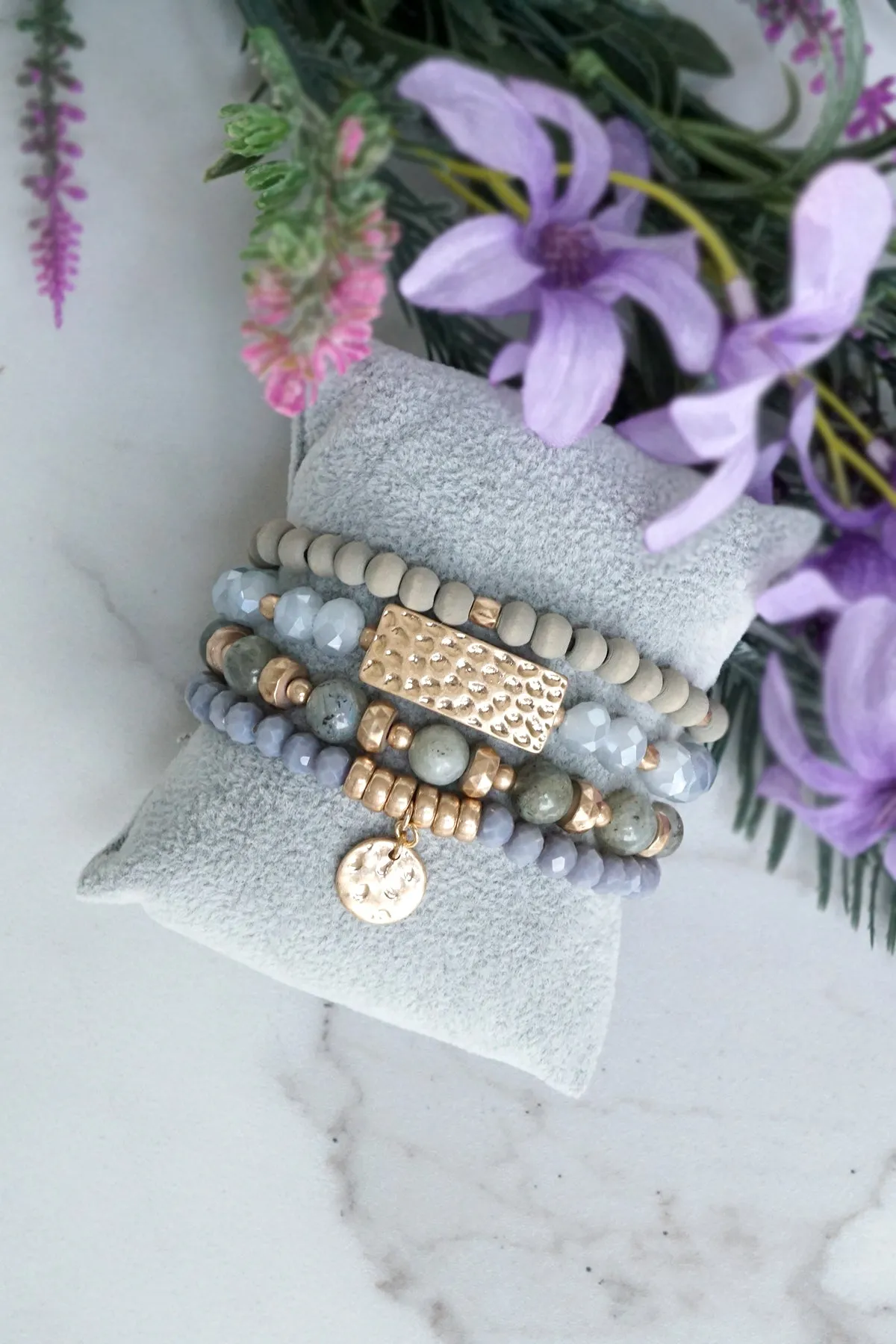 Beaded Bracelets stack of 4 piece with Gray Wood and Semi Precious bead stones glass golden coin