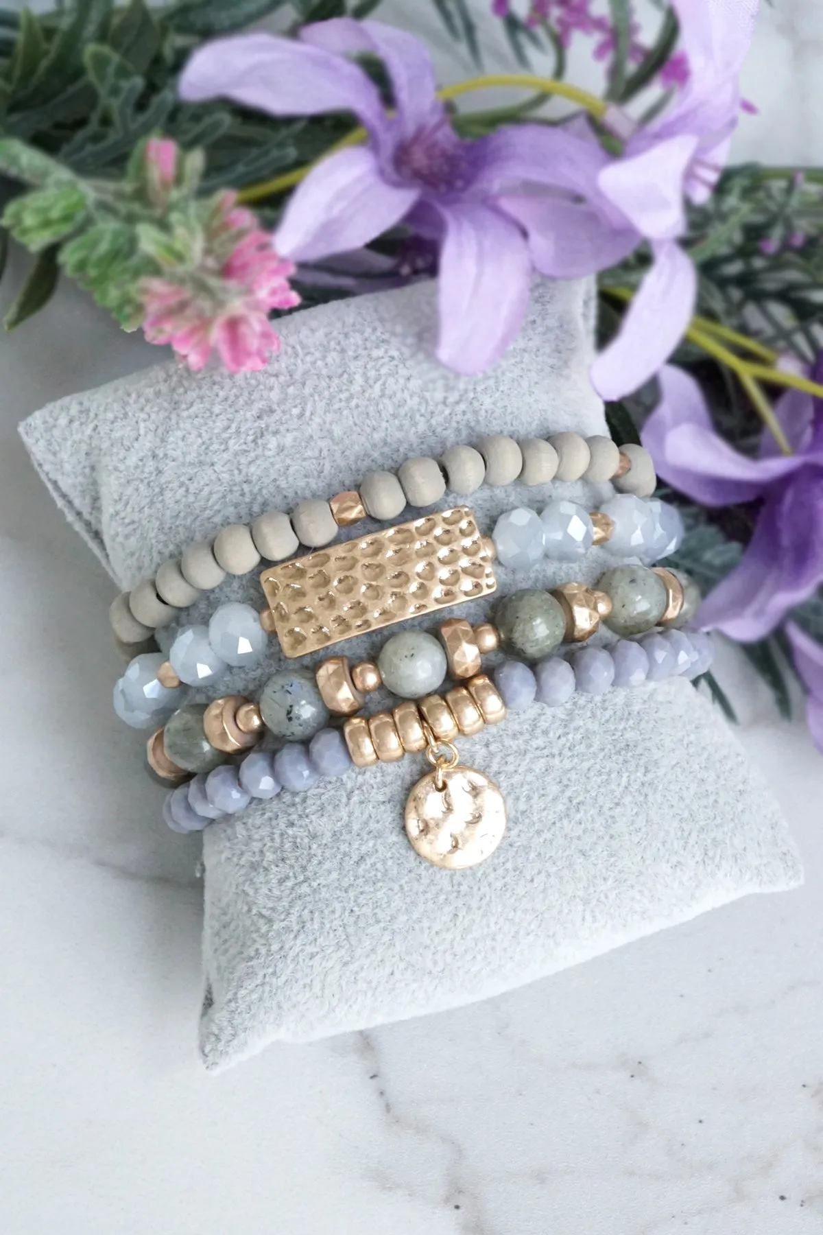 Beaded Bracelets stack of 4 piece with Gray Wood and Semi Precious bead stones glass golden coin