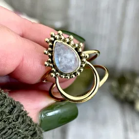 Stunning Crescent Moon Rainbow Moonstone Ring Set in Brass | Curated by FOXLARK Collection