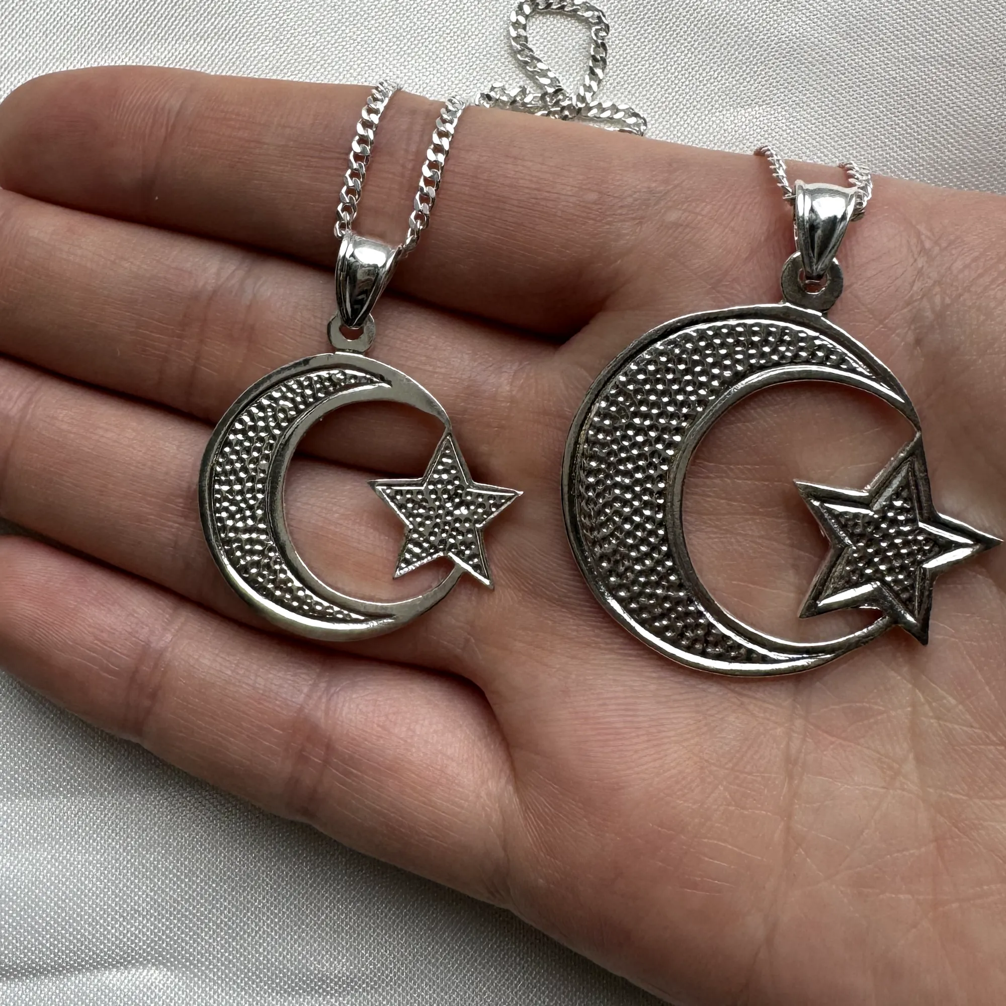 Better Jewelry Sterling Silver .925  Muslim / Islam Crescent Moon   Star Pendant w. Cuban Chain (Made in USA)