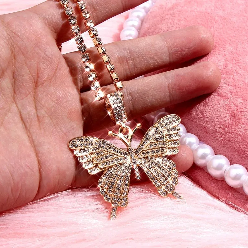 Big Rhinestone Butterfly Pendant Statement Tennis Chain Choker