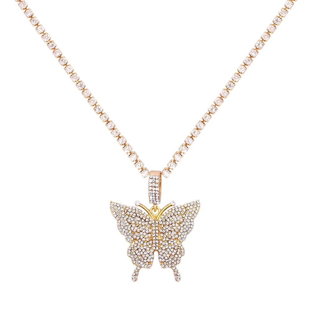 Big Rhinestone Butterfly Pendant Statement Tennis Chain Choker