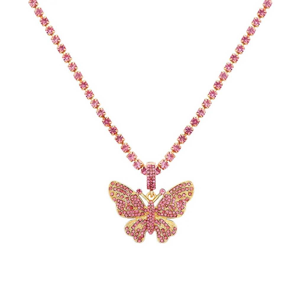 Big Rhinestone Butterfly Pendant Statement Tennis Chain Choker