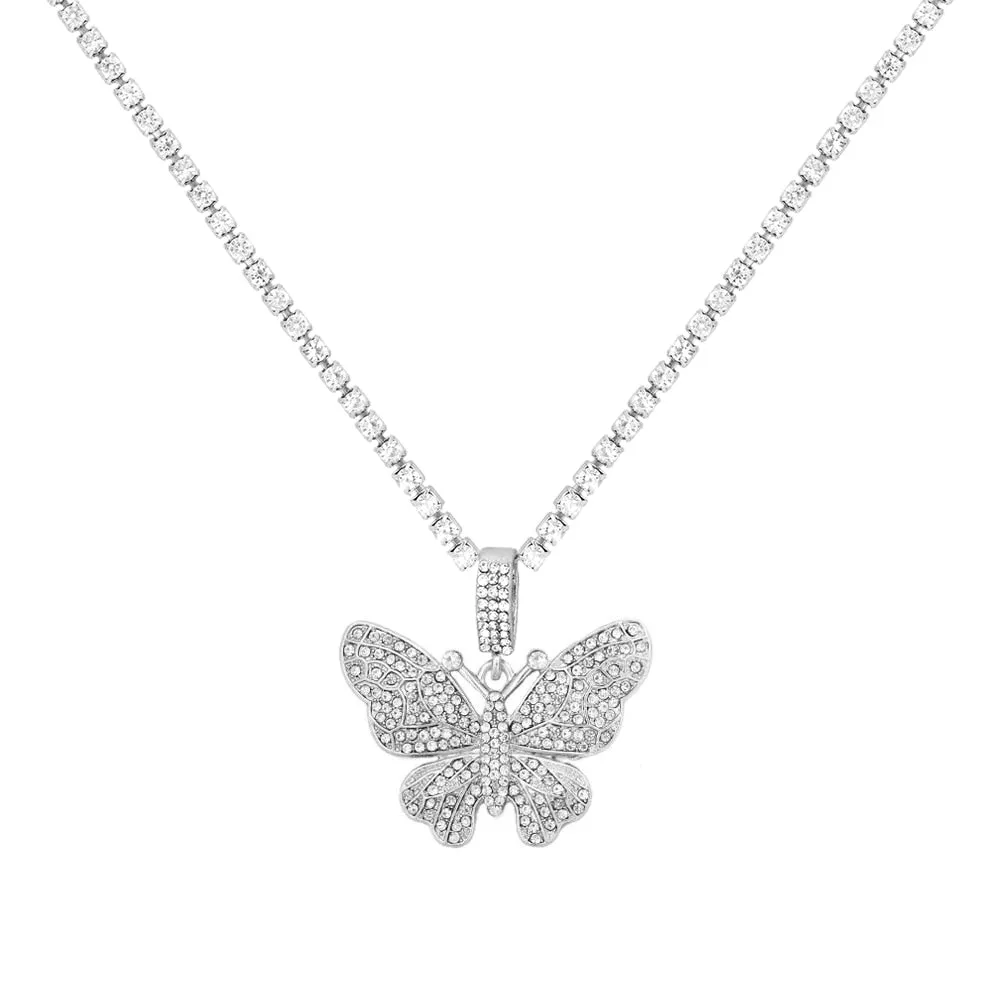 Big Rhinestone Butterfly Pendant Statement Tennis Chain Choker