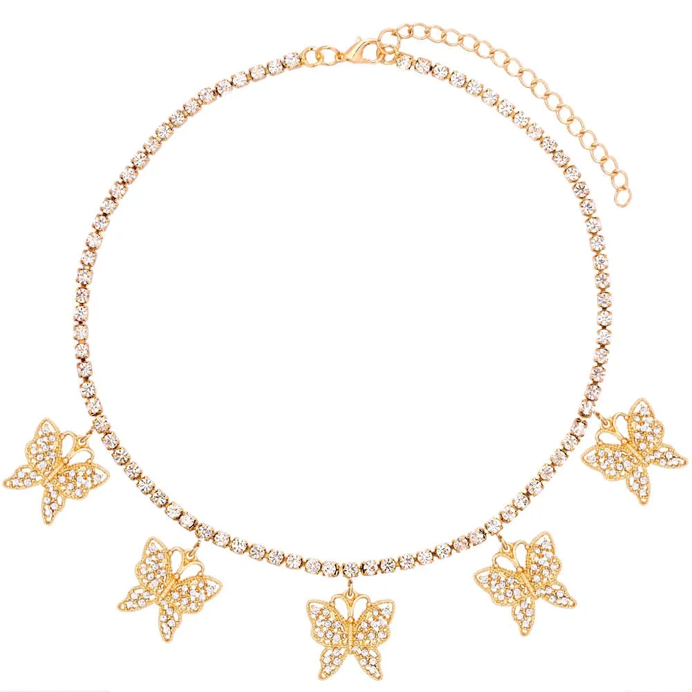 Big Rhinestone Butterfly Pendant Statement Tennis Chain Choker