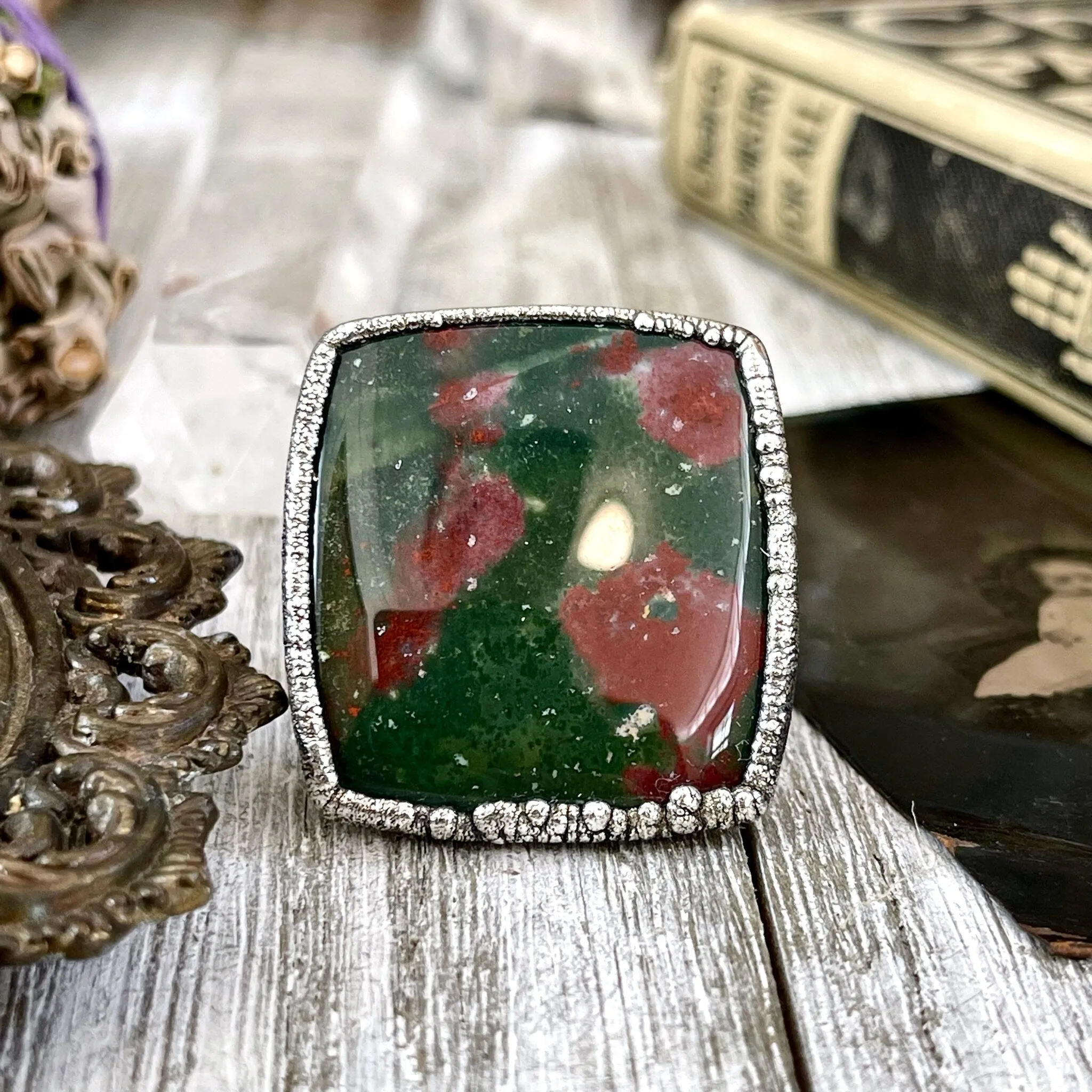 Big Size 11 Natural Bloodstone Statement Ring In Fine Silver /  Foxlark Collection - One of a Kind