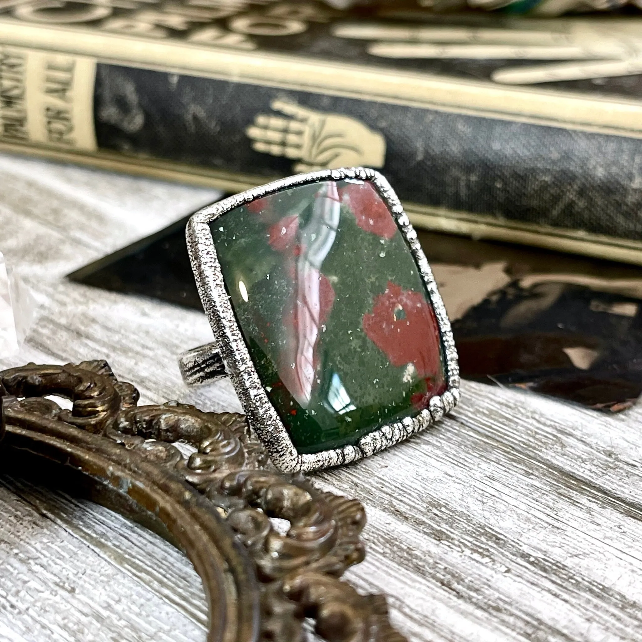 Big Size 11 Natural Bloodstone Statement Ring In Fine Silver /  Foxlark Collection - One of a Kind