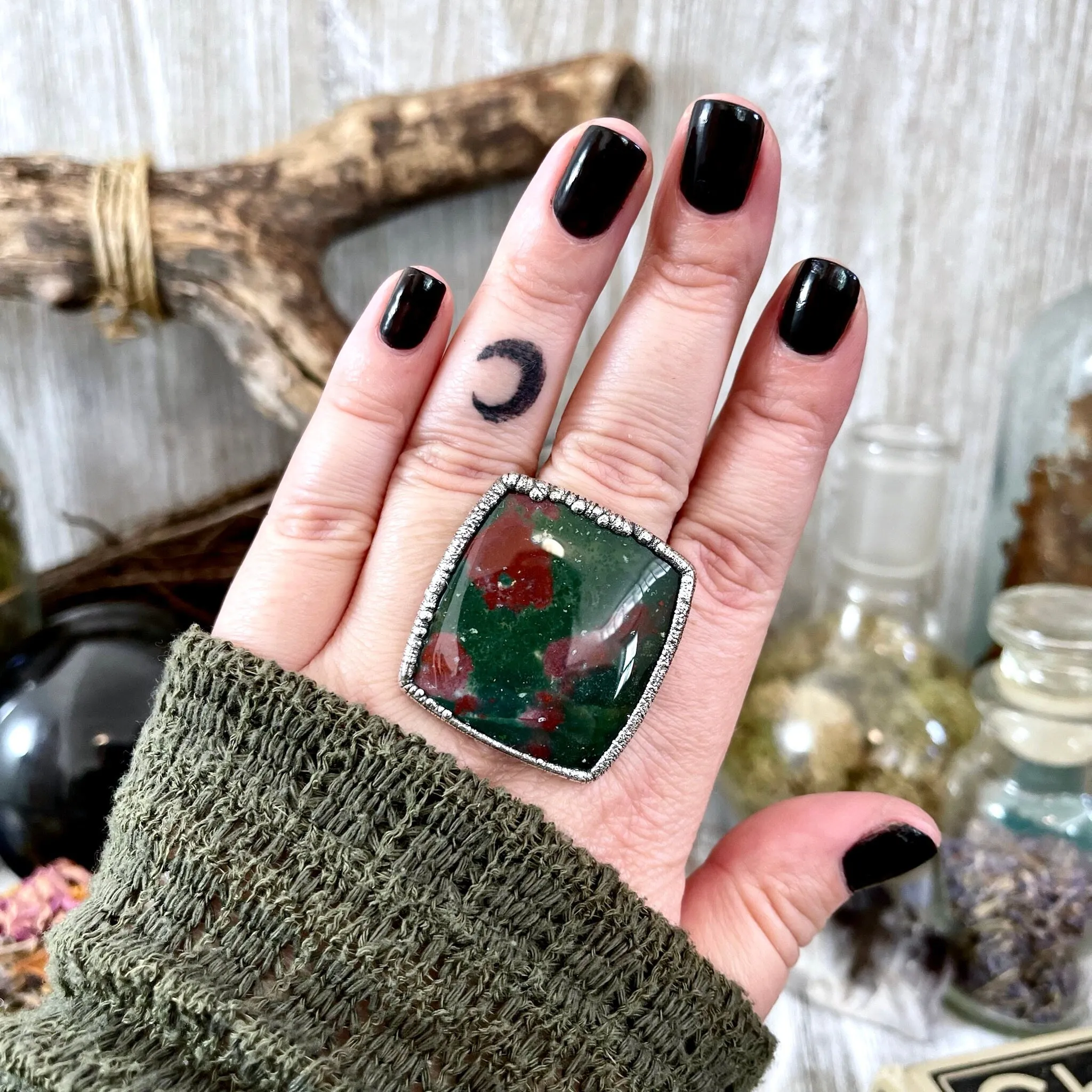 Big Size 11 Natural Bloodstone Statement Ring In Fine Silver /  Foxlark Collection - One of a Kind