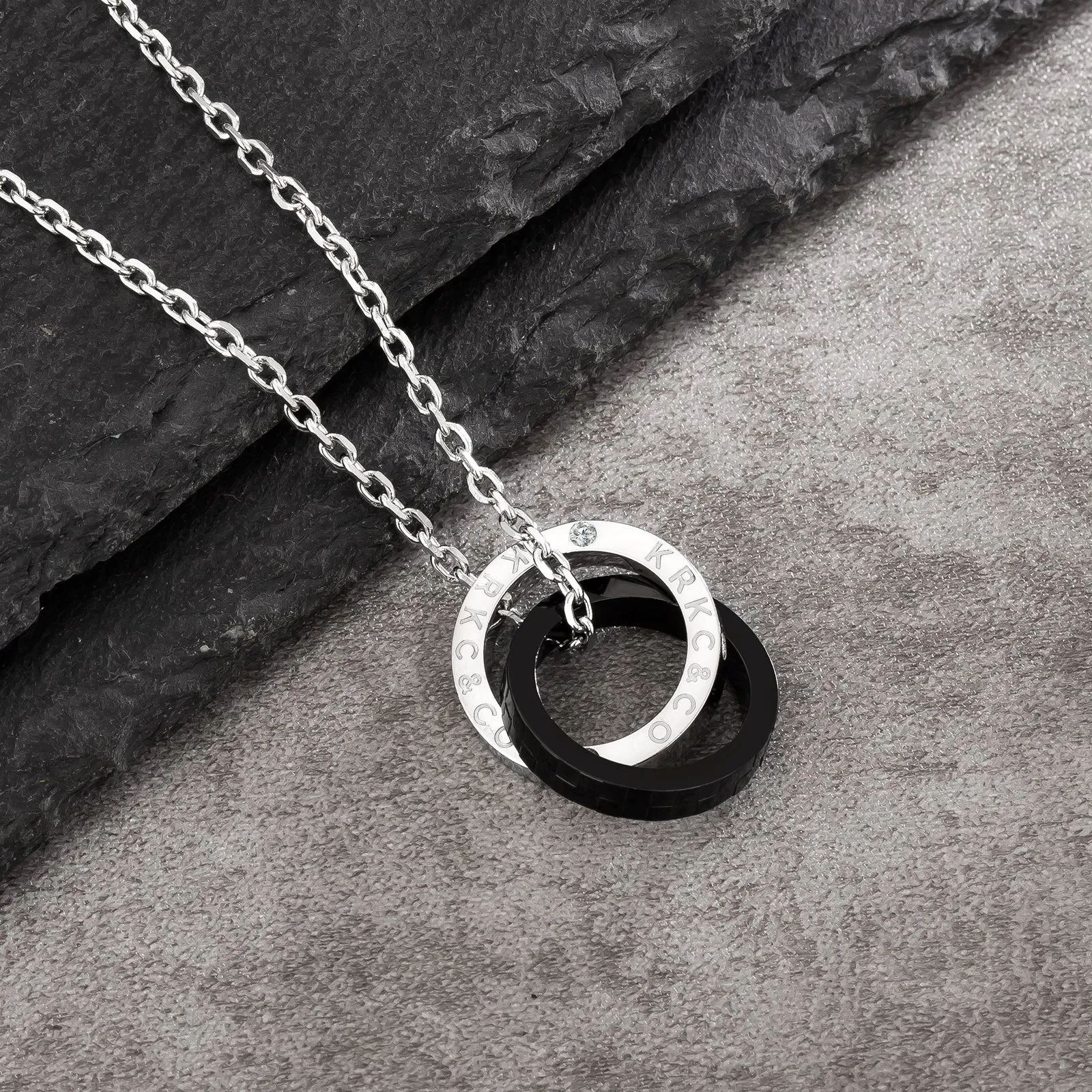 Black Checkerboard Double Ring Pendant Necklace