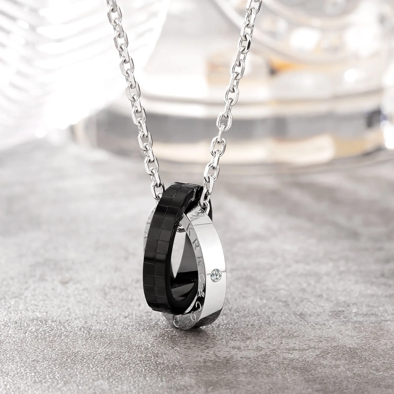 Black Checkerboard Double Ring Pendant Necklace