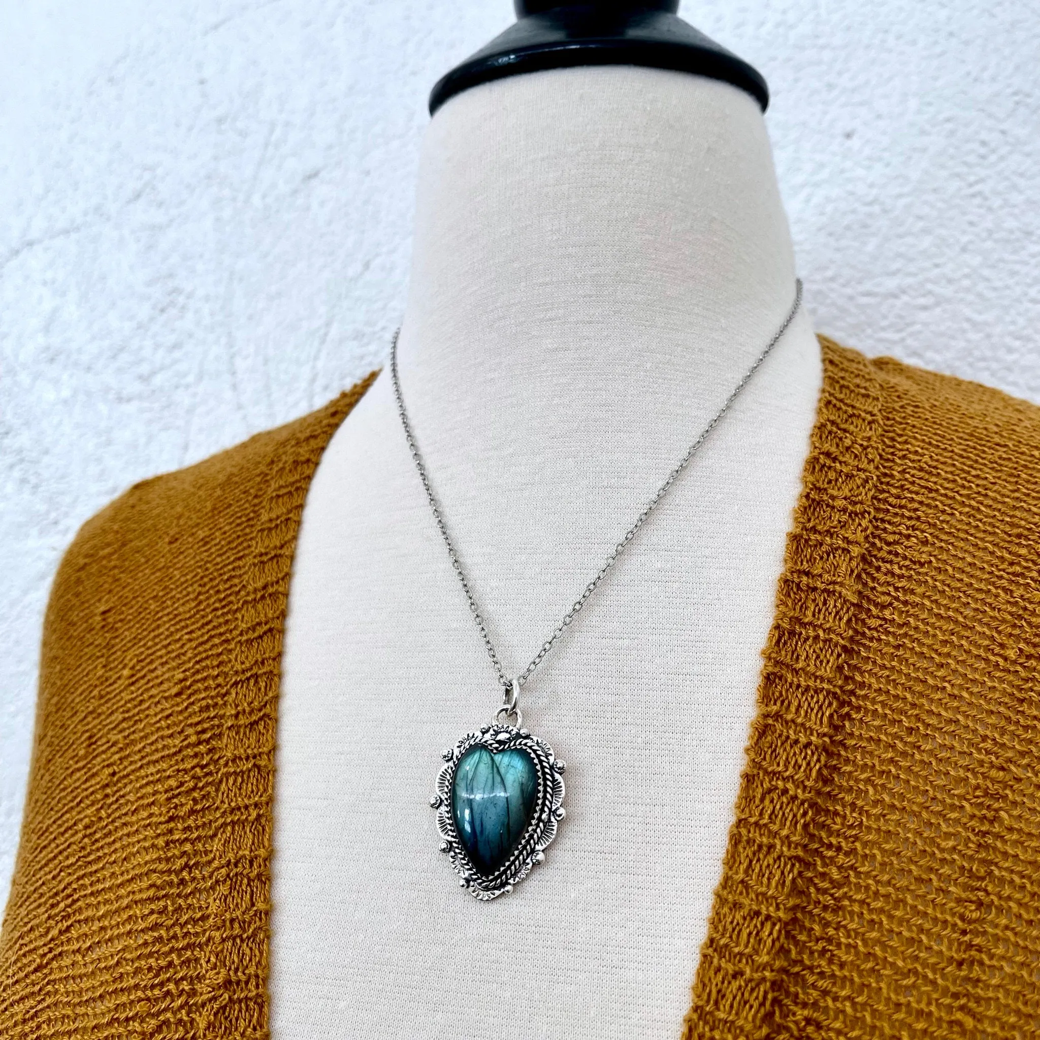 Blue Labradorite Crystal Heart Necklace in Sterling Silver  -Designed by FOXLARK Collection