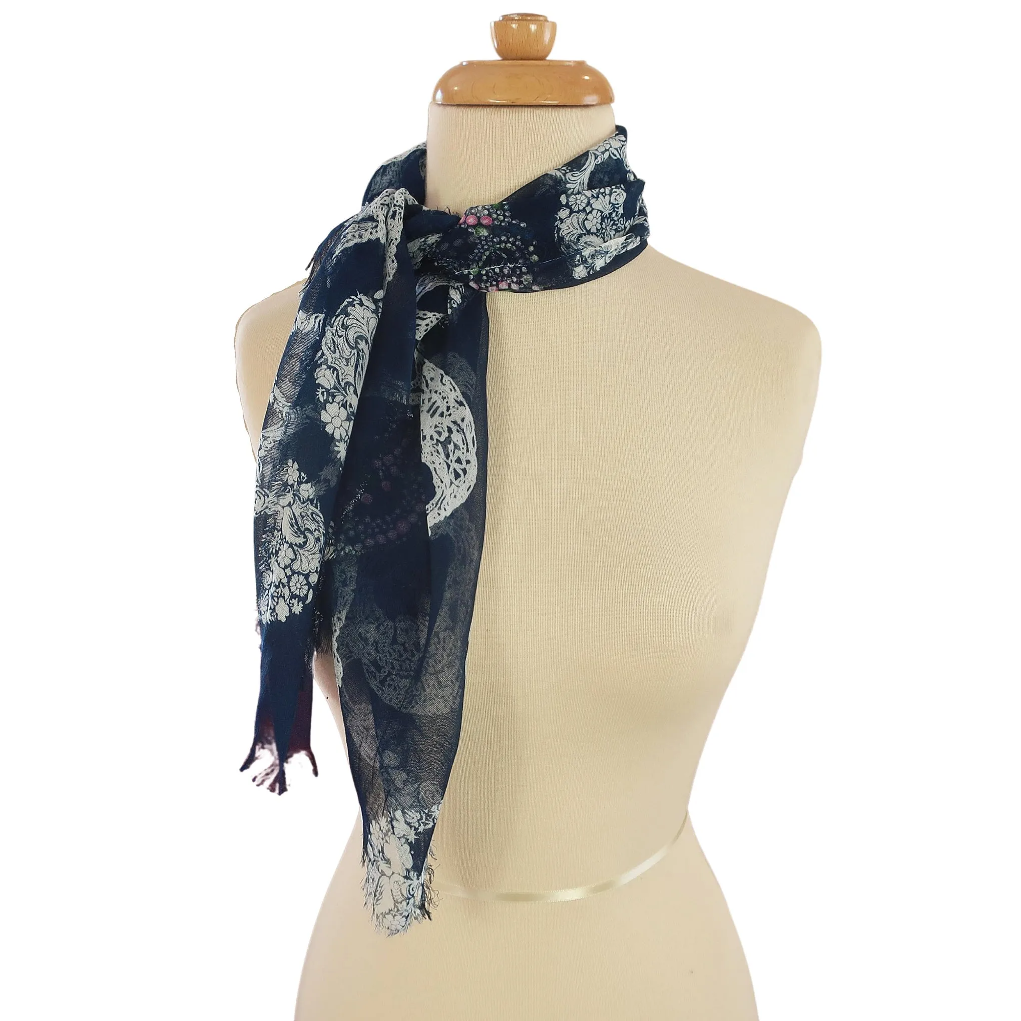 Blue Pacific Frida Cashmere and Silk Sugar Skull Neckerchief Scarf in Navy Blue