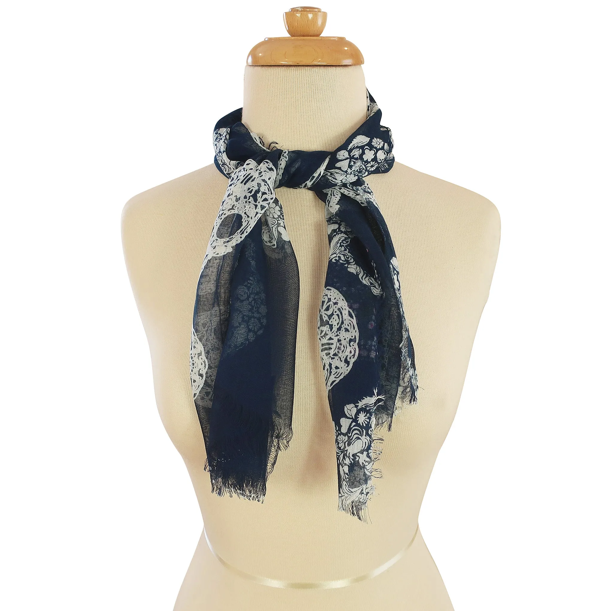 Blue Pacific Frida Cashmere and Silk Sugar Skull Neckerchief Scarf in Navy Blue