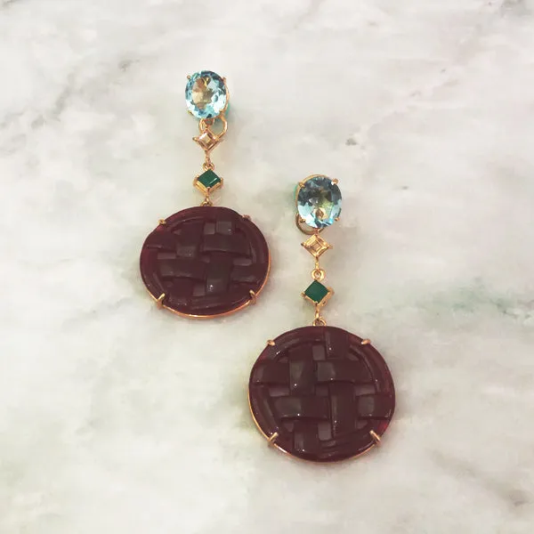 Blue Topaz Stud with Citrine, Green Agate & Carved Red Jade Twinset Earrings