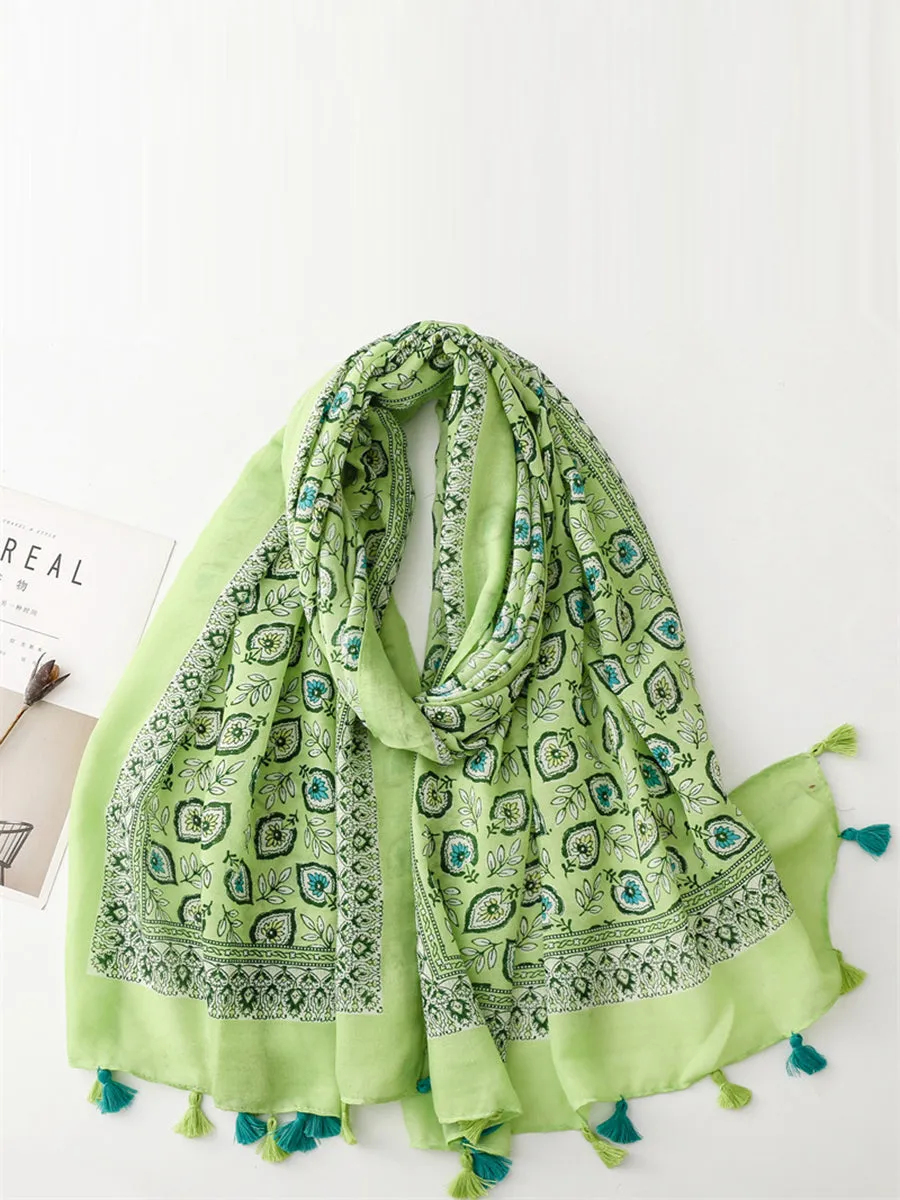 Bohemian Leaf Print Tassel Travel Shawl Scarf CV1021