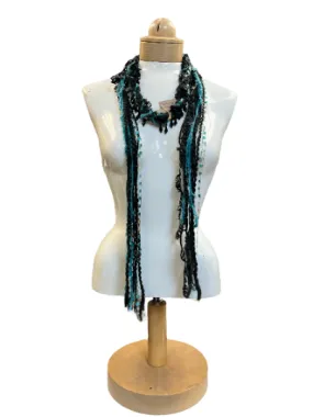 Boho Beaded Lightweight Mohair Scarf Necklace - Aqua Blue and Black with Gold Accents