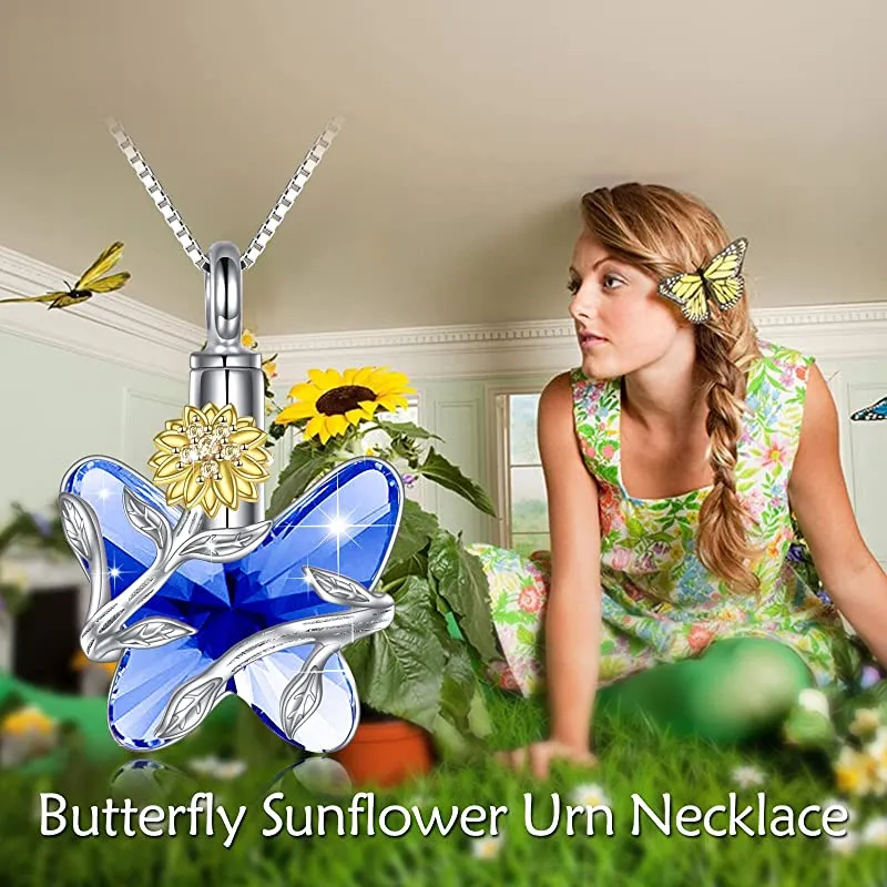 Butterfly Urn Necklace for Ashes 925 Sterling Silver Sunflower Butterfly Pendant Cremation Keepsake Necklace for Women Jewelry