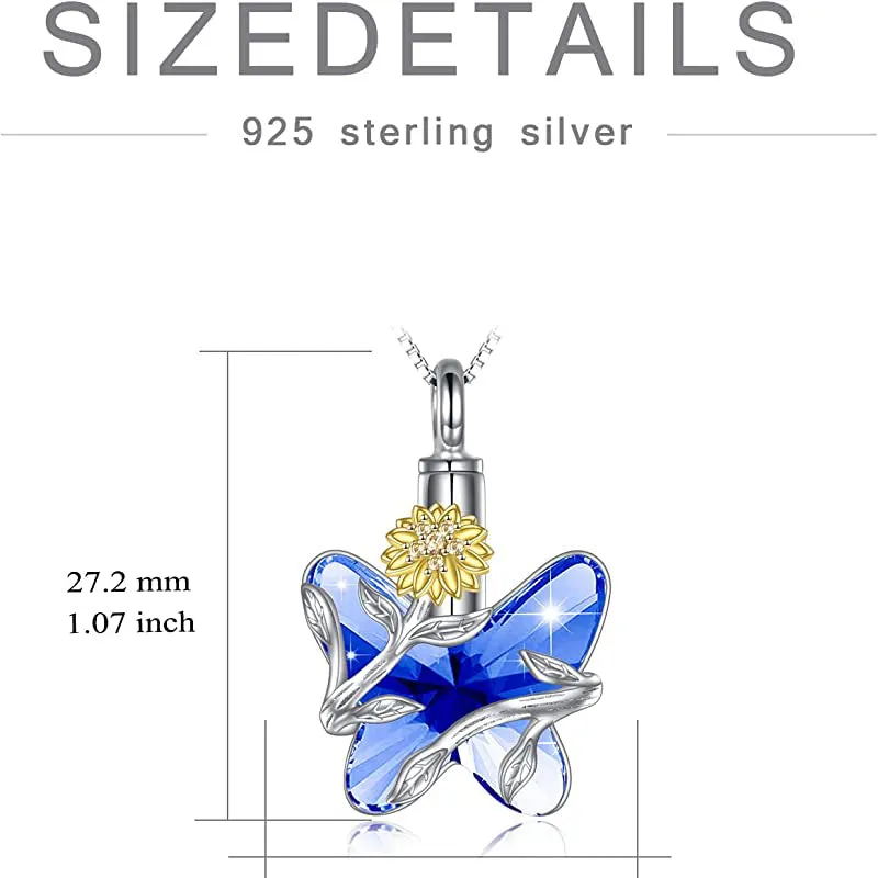 Butterfly Urn Necklace for Ashes 925 Sterling Silver Sunflower Butterfly Pendant Cremation Keepsake Necklace for Women Jewelry